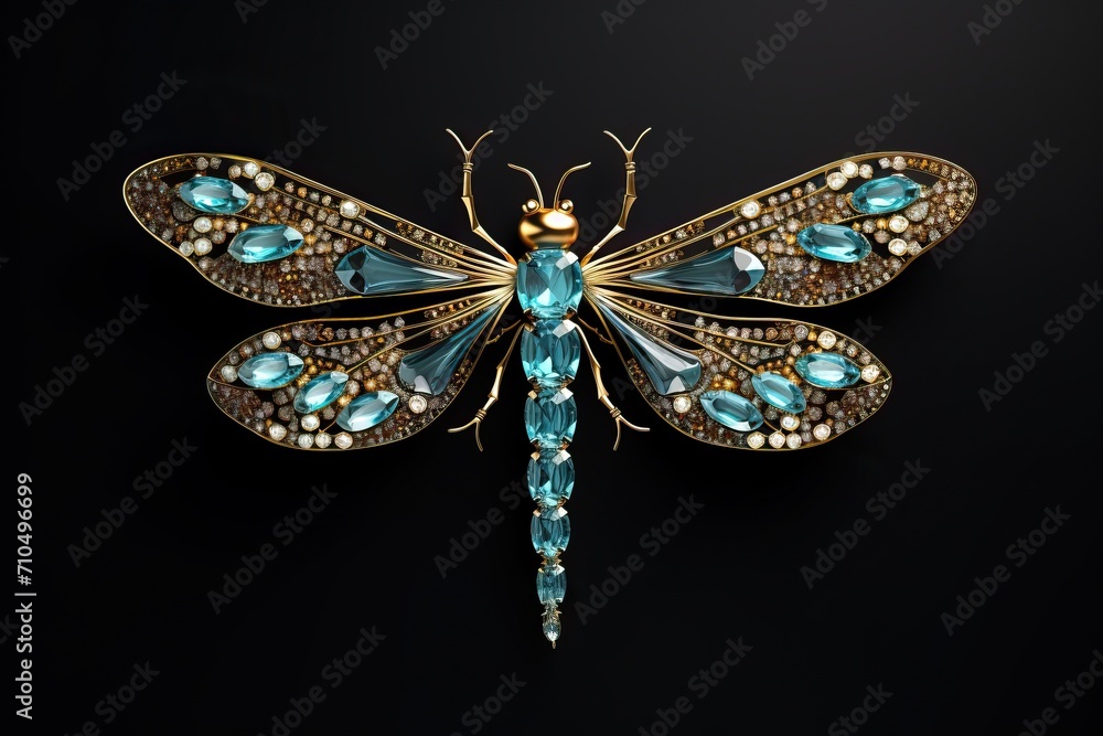 The dragonfly is made of precious metals and stones. Beautiful brooch isolated on black background - obrazy, fototapety, plakaty 