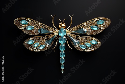 The dragonfly is made of precious metals and stones. Beautiful brooch isolated on black background photo