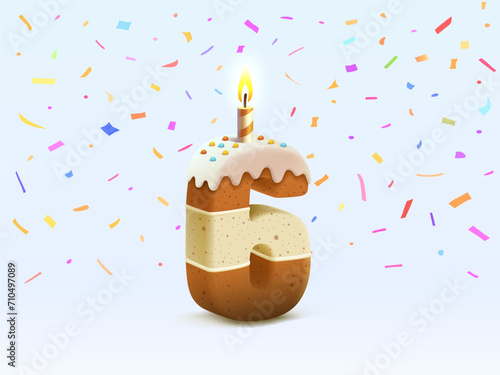 Happy Birthday, person birthday anniversary, Candle with cake in the form of numbers 6. Vector illustration