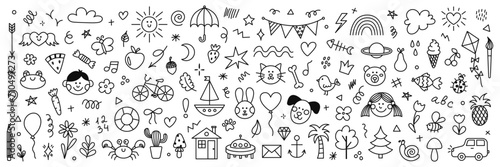 Cute hand drawn doodle set of simple kids decorative elements. Collection of scribble, animal, flower, sun, cloud. Vector illustration © Vetriya