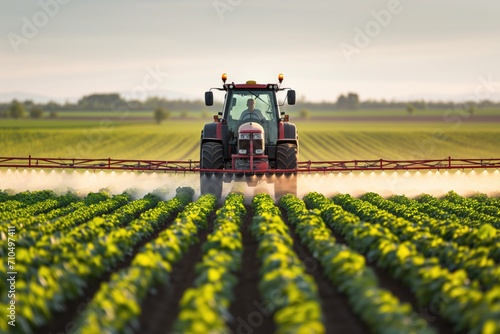 Springtime Soybean Field Being Sprayed With Pesticides By Tractor