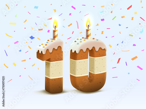 Happy Birthday, person birthday anniversary, Candle with cake in the form of numbers 10. Vector illustration
