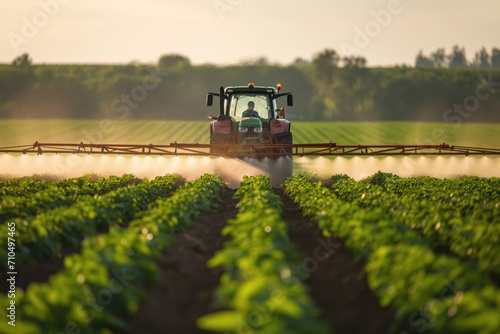 Tractor Spraying Pesticides On A Soybean Field In The Spring