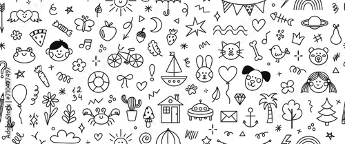 Cute hand drawn doodle vector seamless pattern of simple kids decorative elements. Collection of scribble  animal  flower  sun  cloud