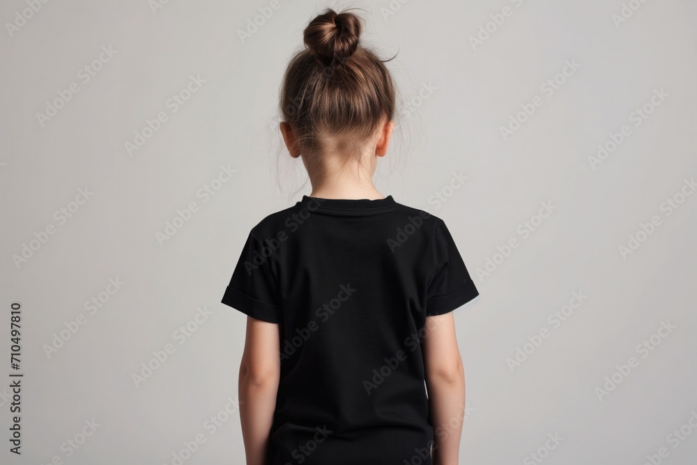 Fototapeta premium Back View Mock Up Of A Little Girl Wearing A Black T-Shirt On A White Background