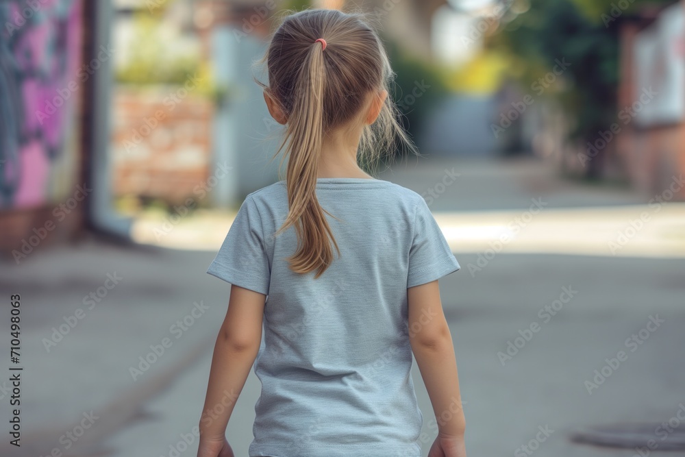 The Little Girl In Light Gray Tshirt On The Street, Back View, Mock Up