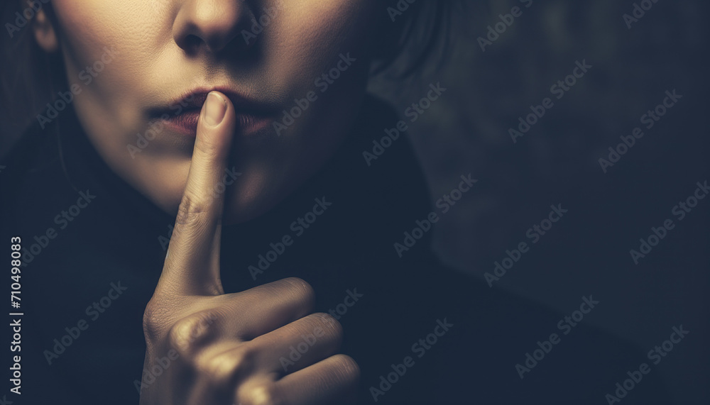 The Silence of Secrecy: A Mysterious Woman Gesturing for Silence with a Finger to Her Lips - obrazy, fototapety, plakaty 