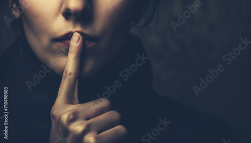 The Silence of Secrecy: A Mysterious Woman Gesturing for Silence with a Finger to Her Lips photo