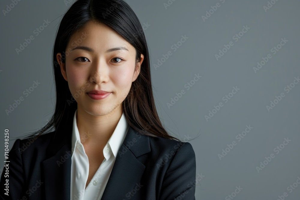 Professional studio portrait of a Japanese woman in business attire, isolated on a minimalist grey background Professional studio portrait of a Japanese woman in business attire, isolated on a minimalist grey background