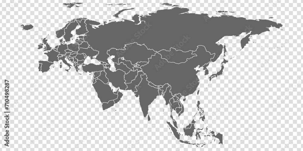 Eurasia Map vector. Gray similar world map blank vector on transparent background.  Gray similar Eurasia map with borders of all countries  and Countries of the UK. Quality Eurasia map.  - obrazy, fototapety, plakaty 