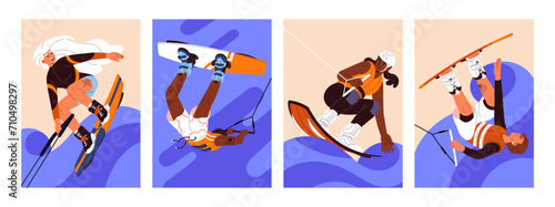 Wakeboarding set. People kitesurfing, go extreme water sport, do stunts. Characters ride on board with foot bindings, surfing towed by rope on ocean. Active hobby outdoors. Flat vector illustrations
