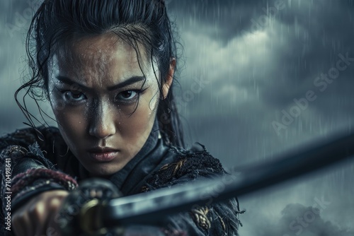 Studio shot of a female samurai in a defensive stance, eyes locked on an unseen opponent, intense and focused, stormy background