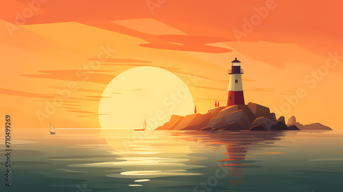 Landscape with lighthouse during the sunset, flat vector illustration