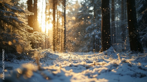 A picturesque winter morning in a forest, small snowdrifts in sharp focus, light snow gently falling, and the early sun illuminating the scene with a golden hue ,winter forest in the morning