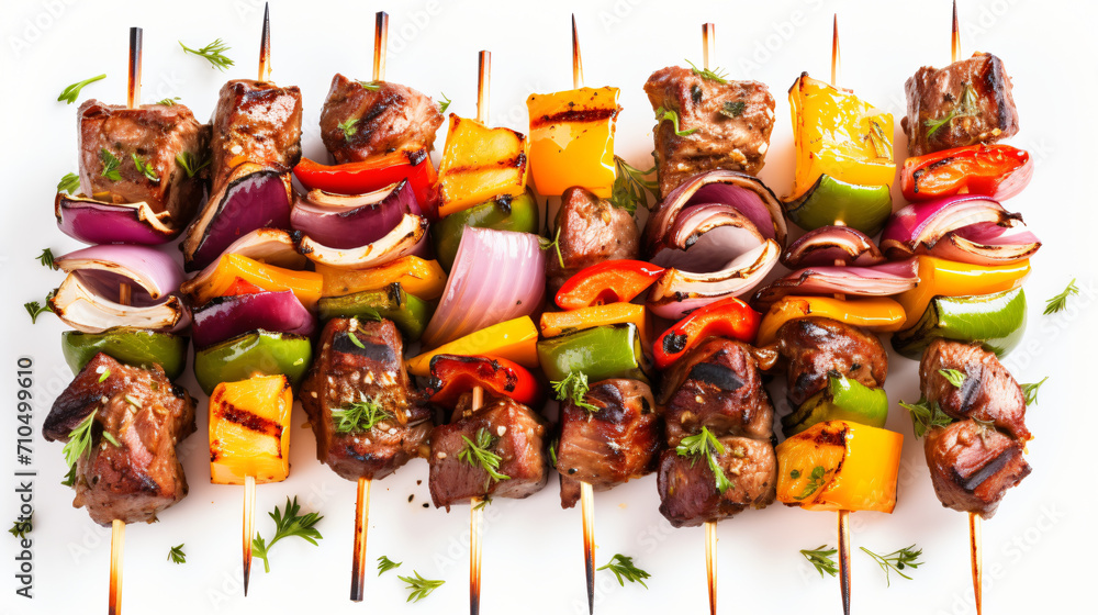 Metal skewers with delicious shish kebabs isolated on white background