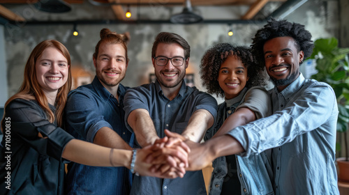 Portrait of a diverse group of young adults stacking their hands together in a gesture of unity and teamwork, all smiling and looking at the camera.