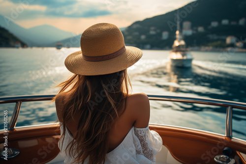 Generative AI image photo of charming lady swim in the sea luxury vacation on a cruise ship photo
