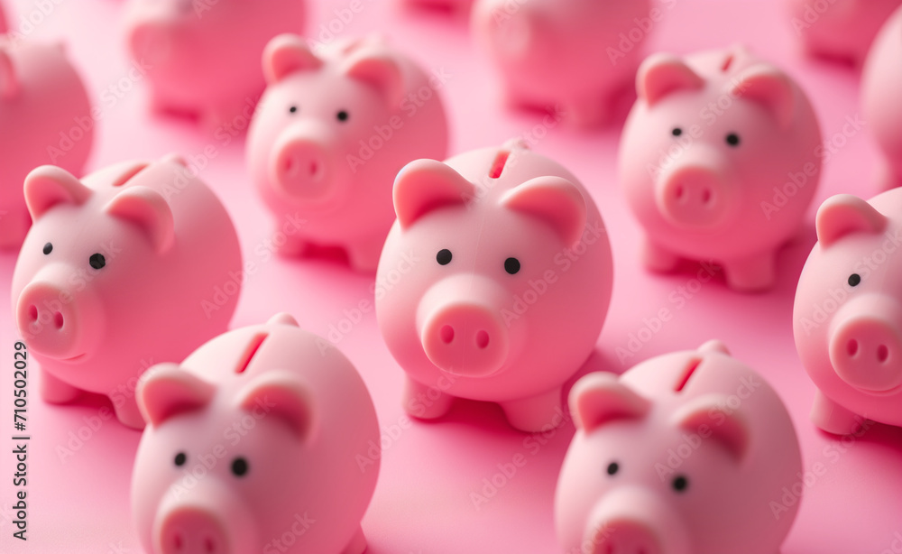 Array of pink piggy banks on pink background. Illustration of the concept of personal savings and financial investment Array of pink piggy banks on pink background. Illustration of the concept of personal savings and financial investment