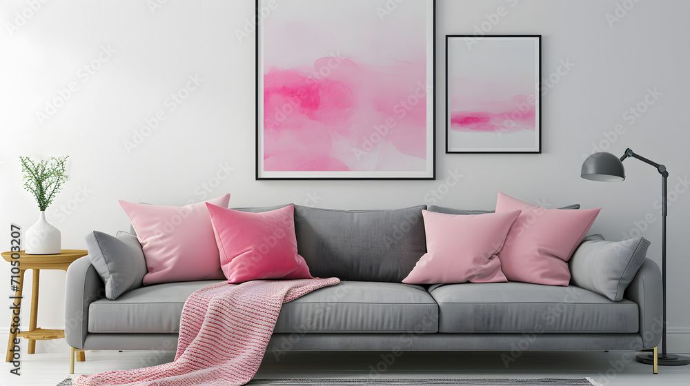 Grey sofa with pink pillows and blanket against white wall with abstract art poster. Interior design of modern living room, psychedelic, Anemoiacore, drawing, aerial view, Maya rendering, High contras - obrazy, fototapety, plakaty 
