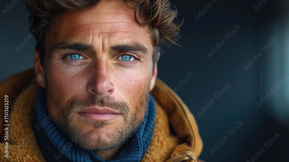 Close up portrait of a handsome man in winter clothes looking at camera