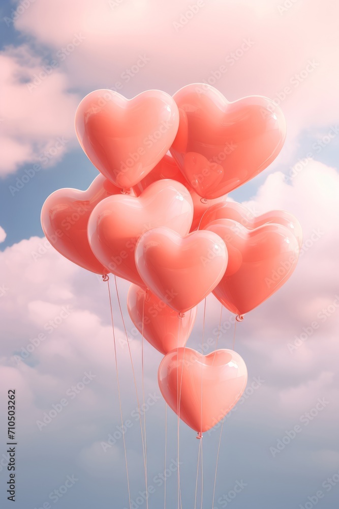 Beautiful heart shaped balloons in the peach fuzz color sky as a background. Romantic atmosphere.