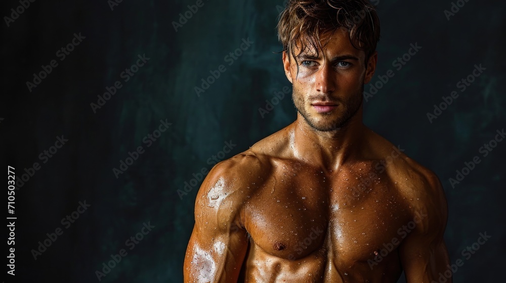Portrait of a handsome muscular man with wet muscular body posing over dark background. Portrait of a handsome muscular man with wet muscular body posing over dark background.