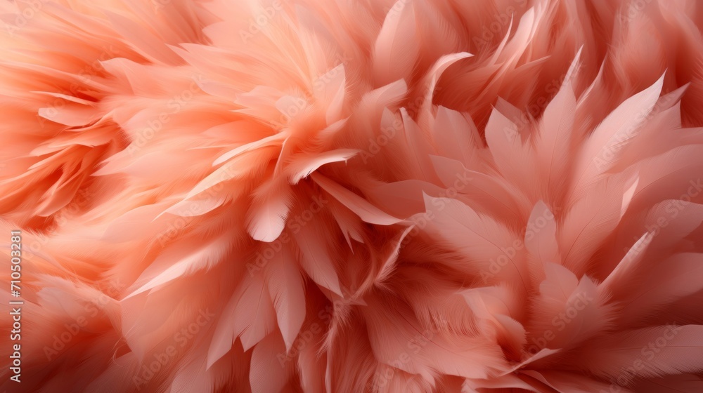 Feathers in a peach fuzz color as a background. Top view.