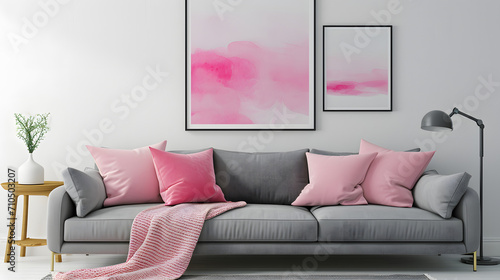 Grey sofa with pink pillows and blanket against white wall with abstract art poster. Interior design of modern living room, psychedelic, Anemoiacore, drawing, aerial view, Maya rendering, High contras photo