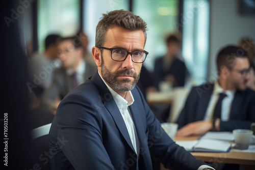 Generative AI picture of handsome successful man working in office on business meeting conference