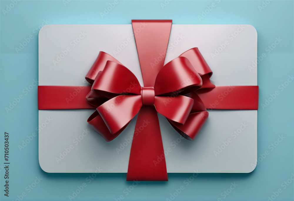 Dolce Eleganza- Carta Regalo Bianca con Fiocco Rosso su Sfondo Celeste, Vista dall'Alto, 3D Dolce Eleganza- Carta Regalo Bianca con Fiocco Rosso su Sfondo Celeste, Vista dall'Alto, 3D