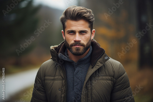 Generative AI portrait of attractive young man outdoors autumn landscape
