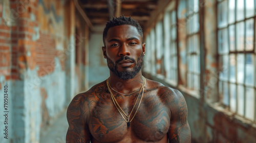 Handsome african american man with tattooed body posing in abandoned factory. photo