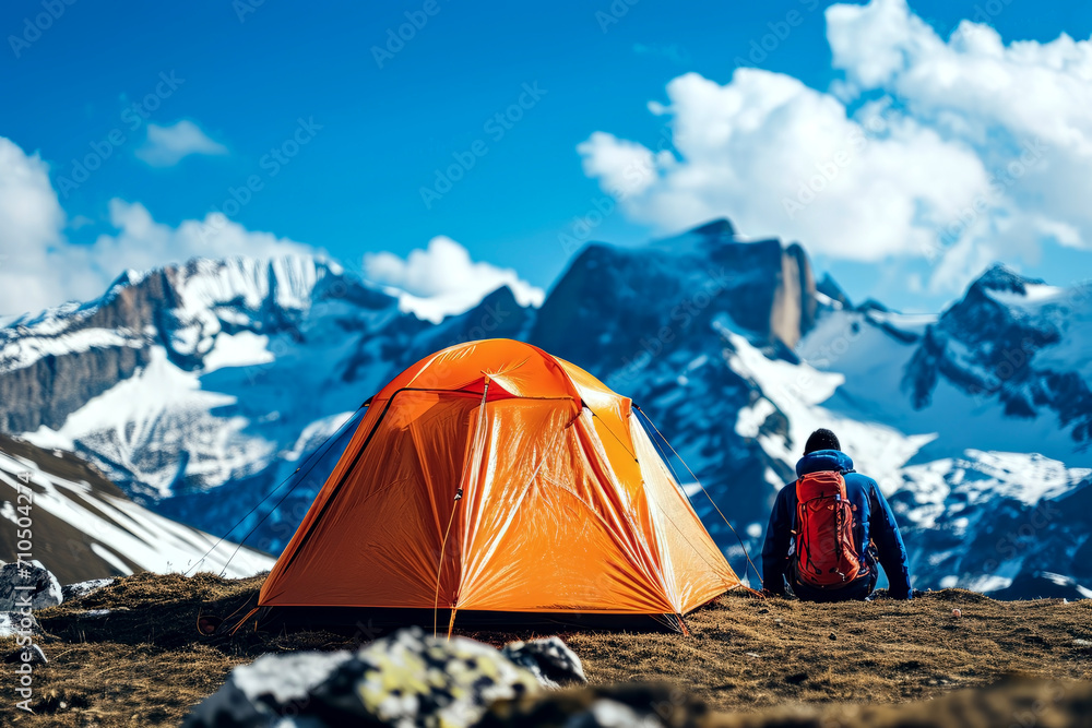 Close up of tent set up on the top of the mountains. Lifestyle concept of holidays and vacations.