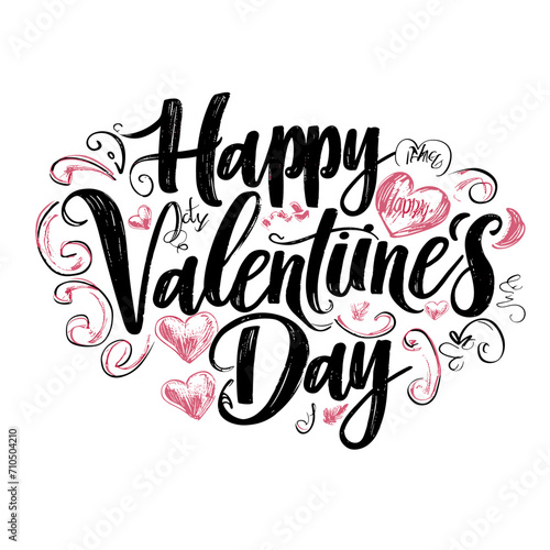 Happy Valentines Day handwritten black calligraphy text on a white background with pink hearts