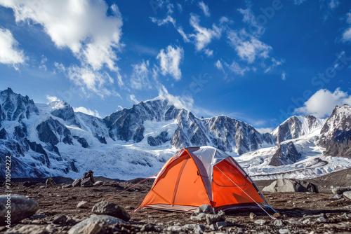 Close up of tent set up on the top of the mountains. Lifestyle concept of holidays and vacations.