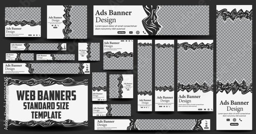 Set of creative web banners of standard size with a place for photos. Gradient black and white. Business ad banner. Vertical, horizontal and square templates