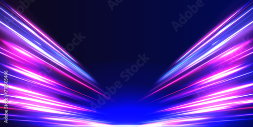 Cyberpunk light trails in motion or light slow shutter effect. Acceleration speed motion on night road. Bright sparkling background. Panoramic high speed technology concept, light abstract background.