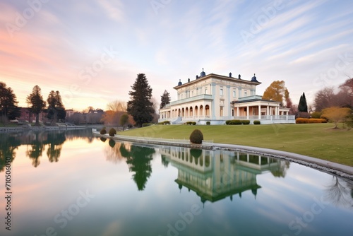 italianate mansion with belvedere overlooking a serene lake photo