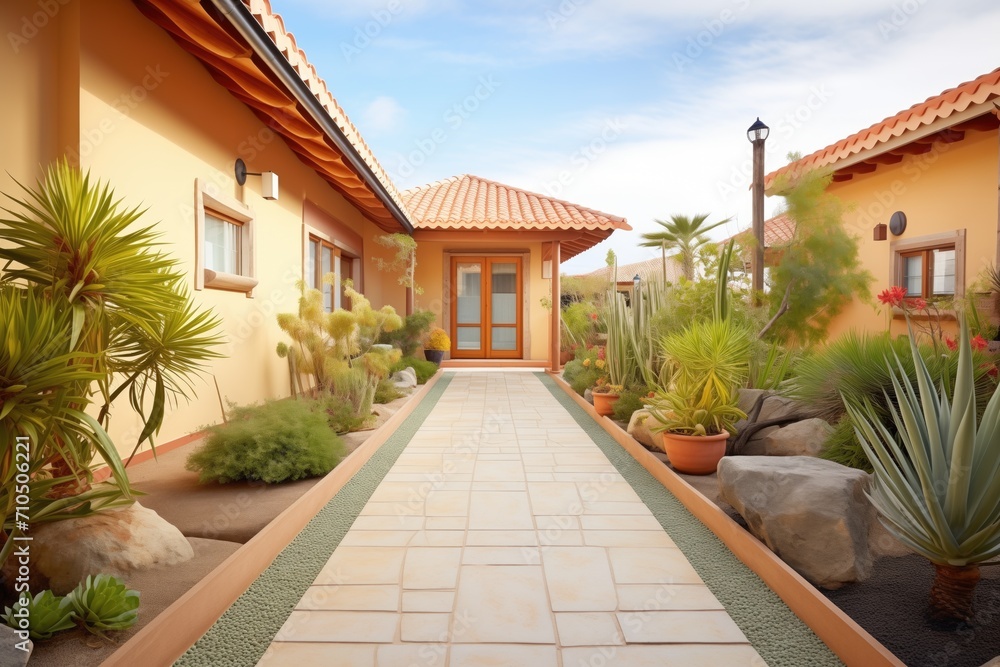 pathway leading to mediterranean clayroofed house
