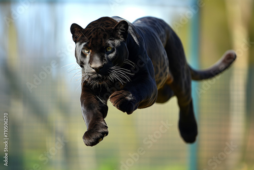 flying parterre in the air. very high jump. aggressive look. close-up against the backdrop of nature. wild nature. Black Spotted leopard, panthera pardus, leaping