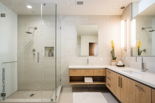 luxury bathroom with glass shower and concrete vanity