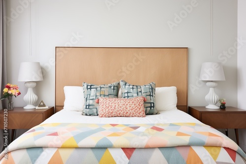 bedroom, lopsided headboard with geometric bedding