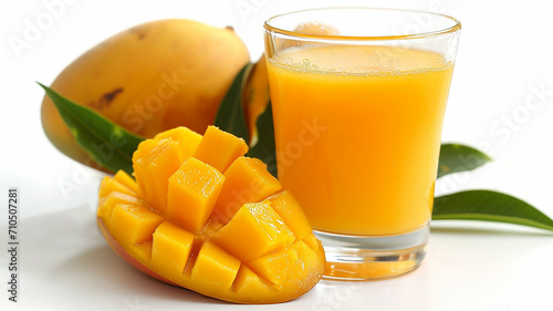 cup of mango juice and mango slice surrounding, isolated on white background
