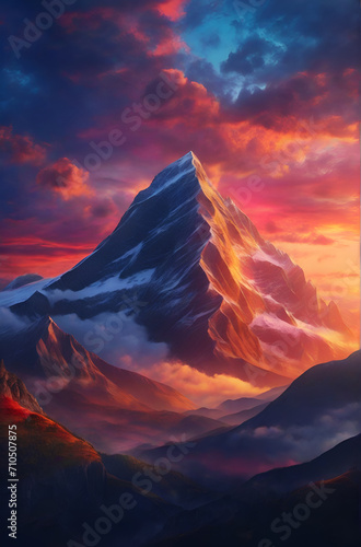Amazing mountain landscape with colorful vivid sunset on the sky. ai generative