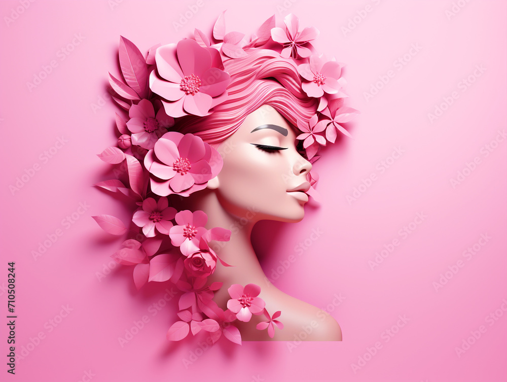 3D render woman face with flowers on isolated pink background - ai generative
