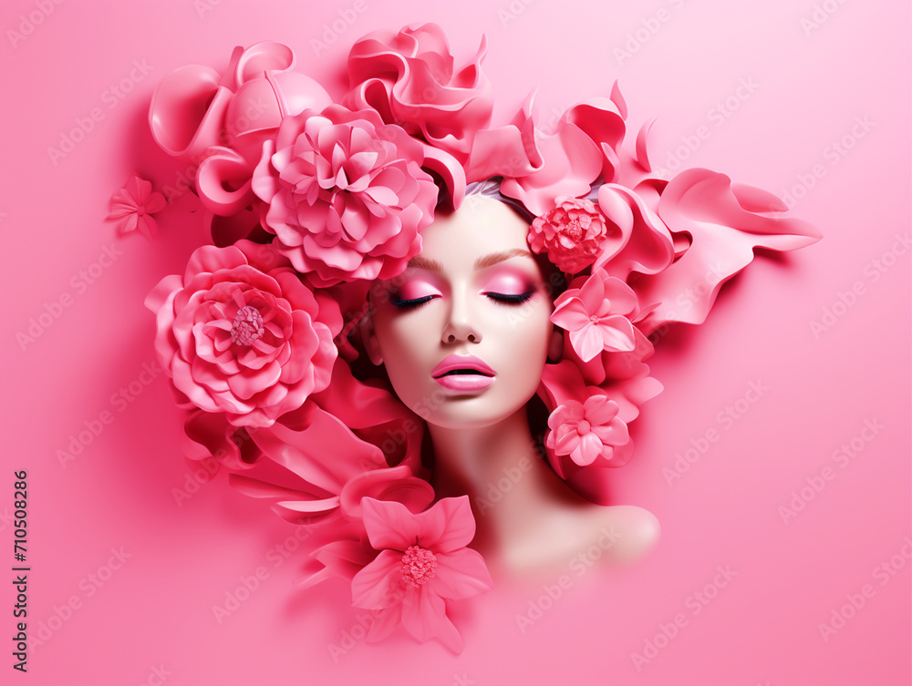 3D render woman face with flowers on isolated pink background - ai generative