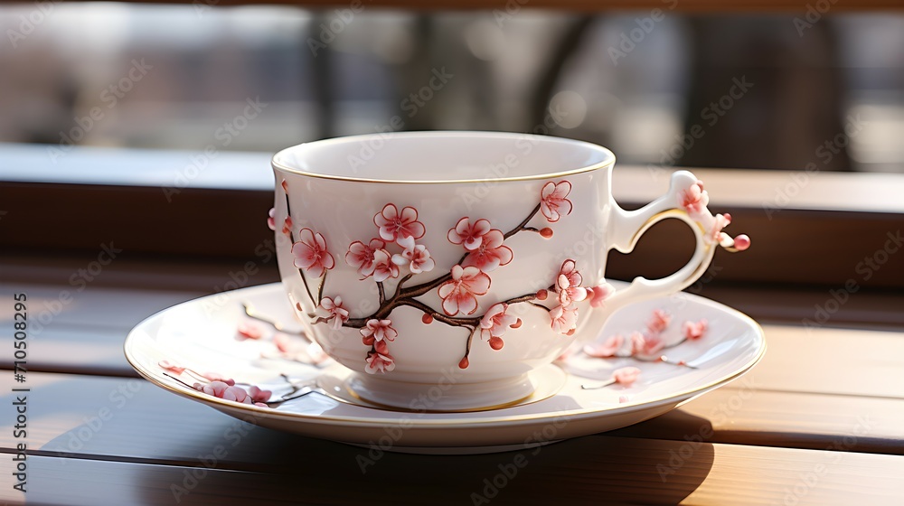 cup of coffee on the table decorated with cheery flowers cup of coffee on the table decorated with cheery flowers