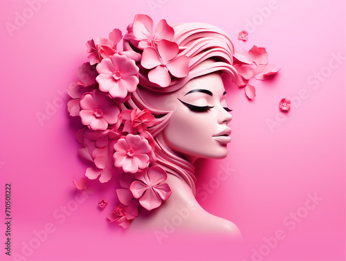 3D render woman face with flowers on isolated pink background - ai generative © DesiArt
