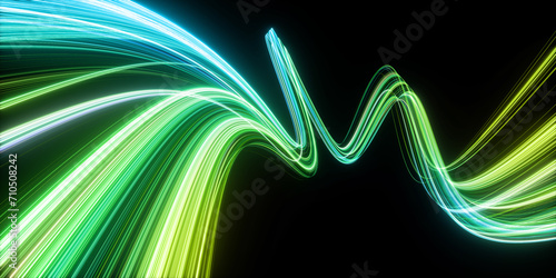 3d render. Abstract background of dynamic emerald green neon lines glowing in the dark. Modern fantastic wallpaper