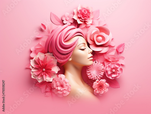 3D render woman face with flowers on isolated pink background - ai generative © DesiArt